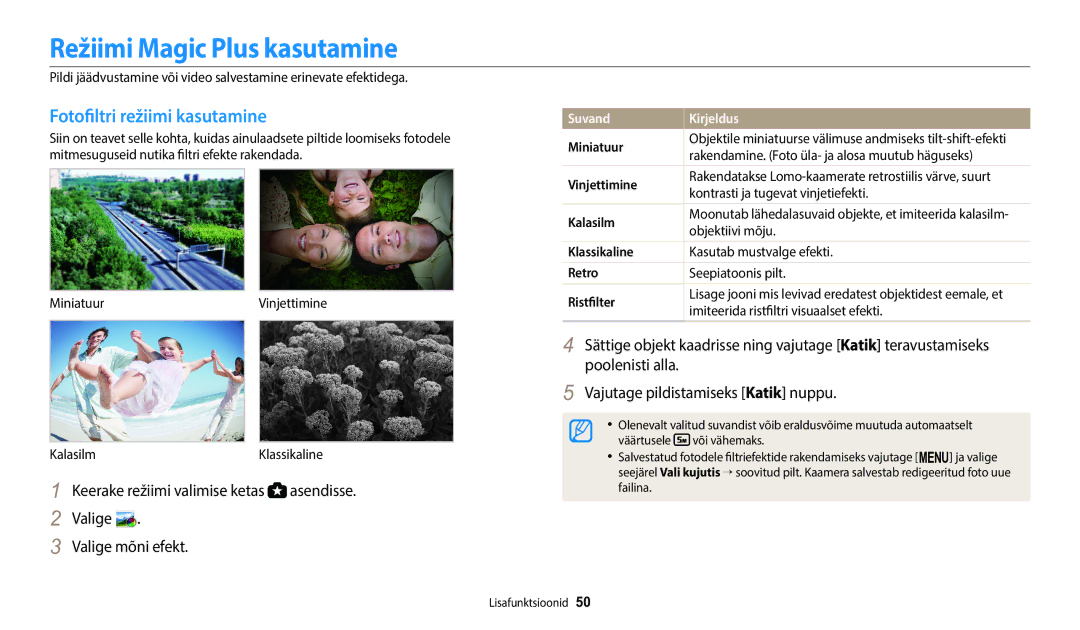 Samsung EC-WB1100BPBE2 manual Režiimi Magic Plus kasutamine, Fotofiltri režiimi kasutamine 