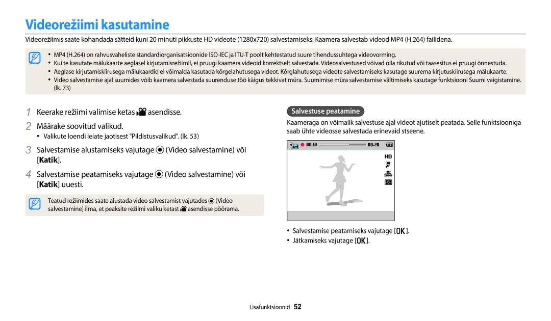 Samsung EC-WB1100BPBE2 manual Videorežiimi kasutamine, Salvestuse peatamine 