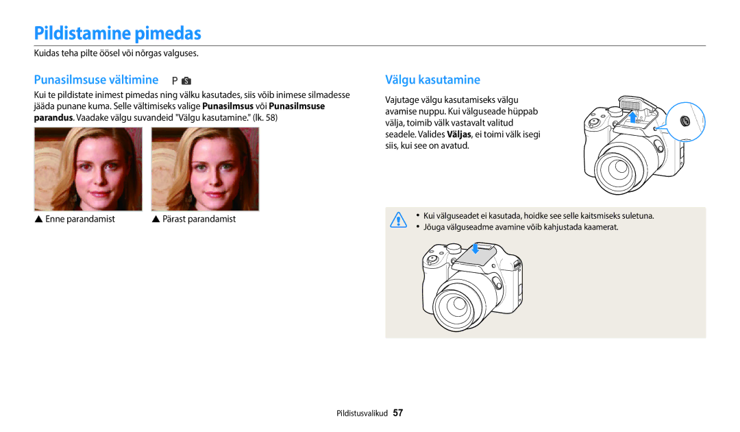 Samsung EC-WB1100BPBE2 manual Pildistamine pimedas, Punasilmsuse vältimine, Välgu kasutamine 