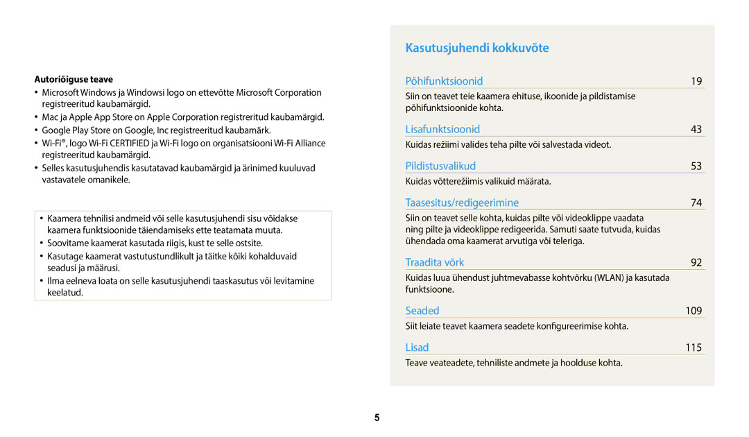 Samsung EC-WB1100BPBE2 manual Kasutusjuhendi kokkuvõte, 109, 115, Autoriõiguse teave 