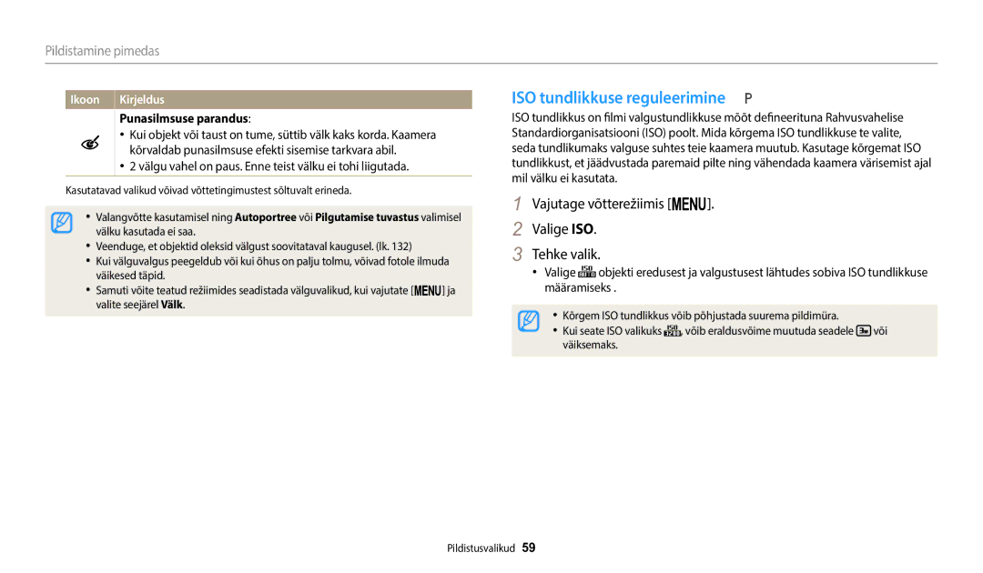 Samsung EC-WB1100BPBE2 manual ISO tundlikkuse reguleerimine, Vajutage võtterežiimis m Valige ISO Tehke valik 