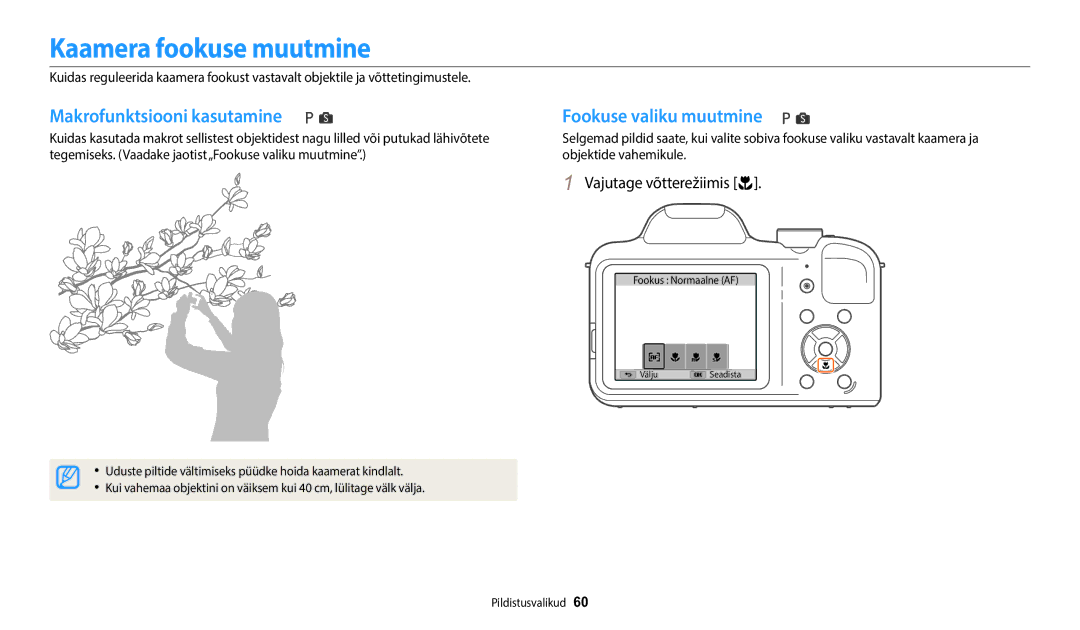 Samsung EC-WB1100BPBE2 manual Kaamera fookuse muutmine, Makrofunktsiooni kasutamine, Fookuse valiku muutmine 