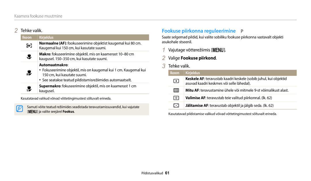 Samsung EC-WB1100BPBE2 Fookuse piirkonna reguleerimine, Valige Fookuse piirkond, Kaamera fookuse muutmine, Automaatmakro 