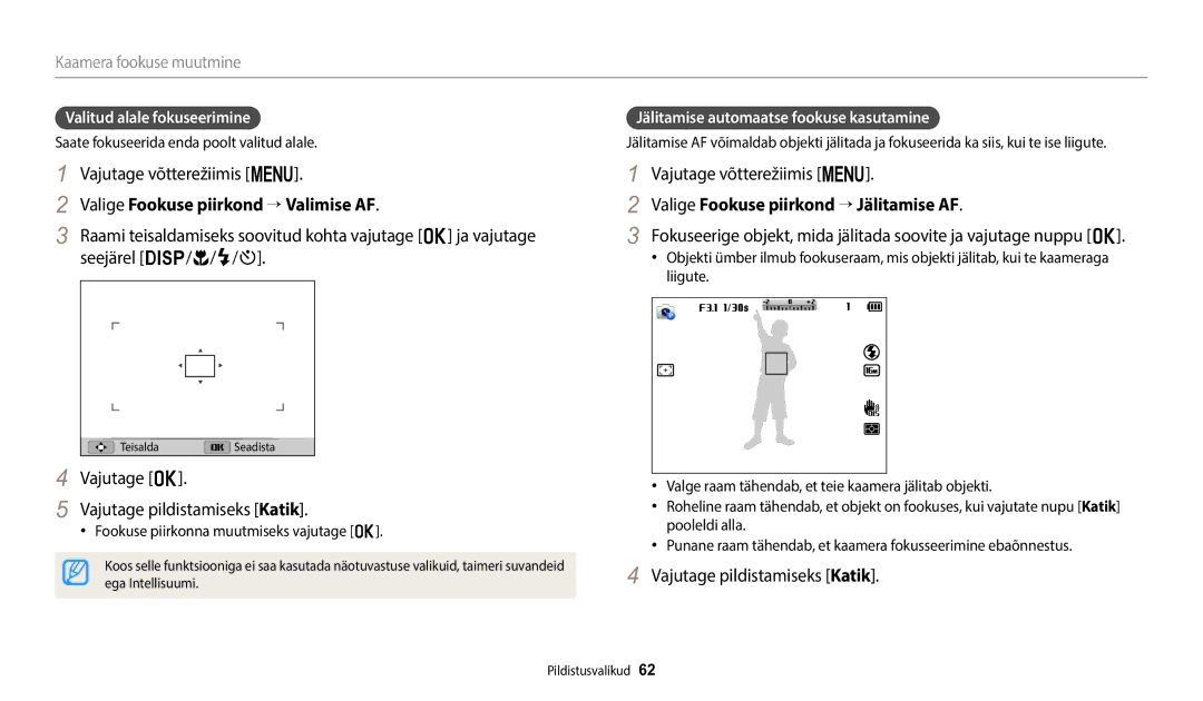 Samsung EC-WB1100BPBE2 manual Valige Fookuse piirkond → Valimise AF, Vajutage o Vajutage pildistamiseks Katik 