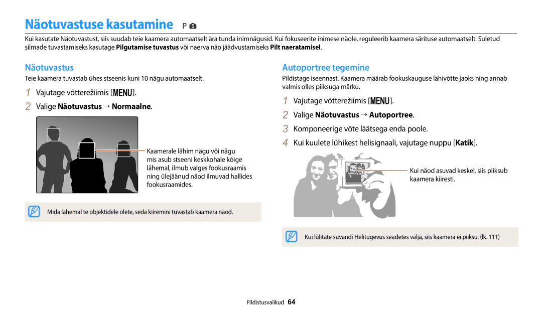 Samsung EC-WB1100BPBE2 manual Näotuvastuse kasutamine, Autoportree tegemine, Valige Näotuvastus → Normaalne 