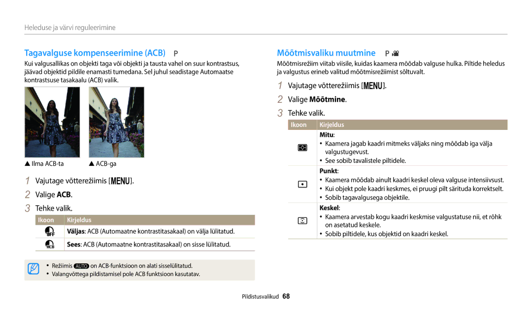 Samsung EC-WB1100BPBE2 manual Tagavalguse kompenseerimine ACB, Mõõtmisvaliku muutmine, Heleduse ja värvi reguleerimine 