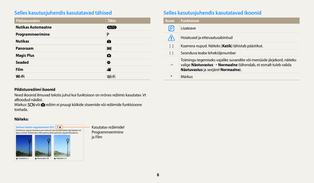 Samsung EC-WB1100BPBE2 Selles kasutusjuhendis kasutatavad tähised, Selles kasutusjuhendis kasutatavad ikoonid, Näiteks 