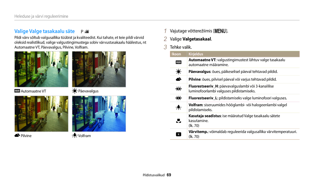 Samsung EC-WB1100BPBE2 manual Valige Valge tasakaalu säte, Valige Valgetasakaal 