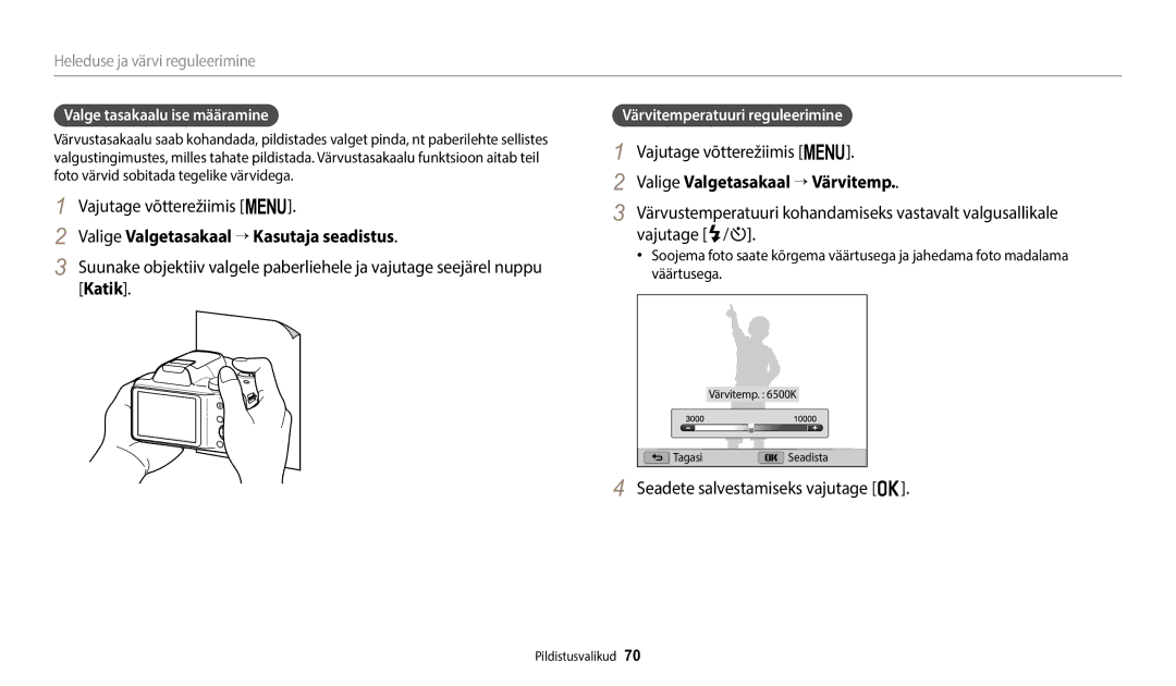 Samsung EC-WB1100BPBE2 manual Valige Valgetasakaal → Kasutaja seadistus, Valige Valgetasakaal → Värvitemp 