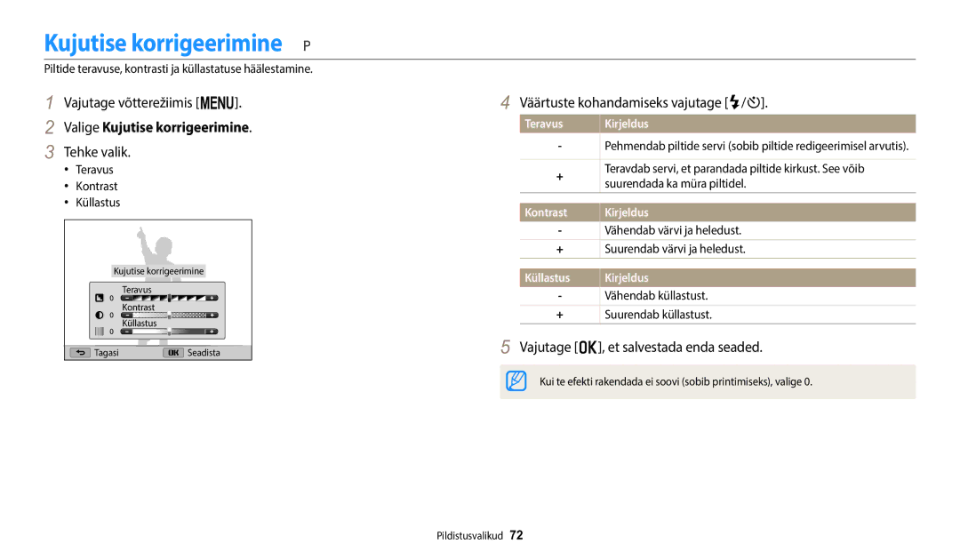 Samsung EC-WB1100BPBE2 manual Valige Kujutise korrigeerimine, Väärtuste kohandamiseks vajutage F/t 