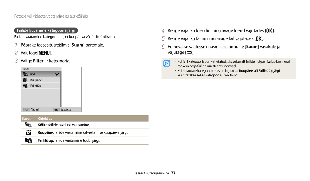 Samsung EC-WB1100BPBE2 manual Failide kuvamine kategooria järgi 