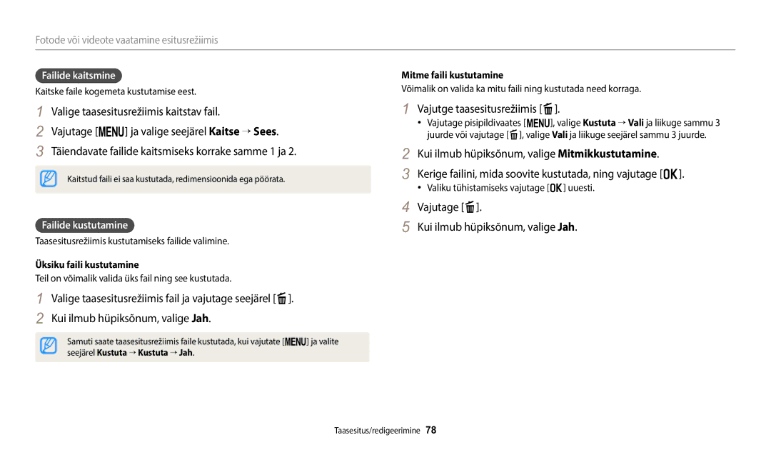 Samsung EC-WB1100BPBE2 manual Vajutge taasesitusrežiimis f, Vajutage f Kui ilmub hüpiksõnum, valige Jah, Failide kaitsmine 