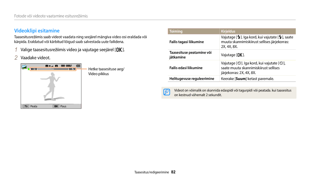 Samsung EC-WB1100BPBE2 manual Videoklipi esitamine, Failis tagasi liikumine, Jätkamine, Failis edasi liikumine 