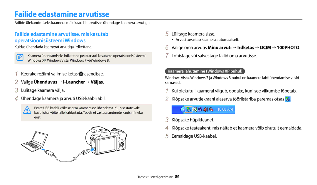 Samsung EC-WB1100BPBE2 manual Failide edastamine arvutisse, Valige Ühenduvus → i-Launcher → Väljas, Eemaldage USB-kaabel 