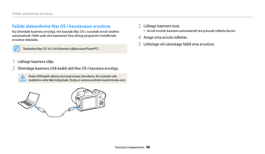 Samsung EC-WB1100BPBE2 manual Failide ülekandmine Mac OS-i kasutavasse arvutisse, Failide edastamine arvutisse 