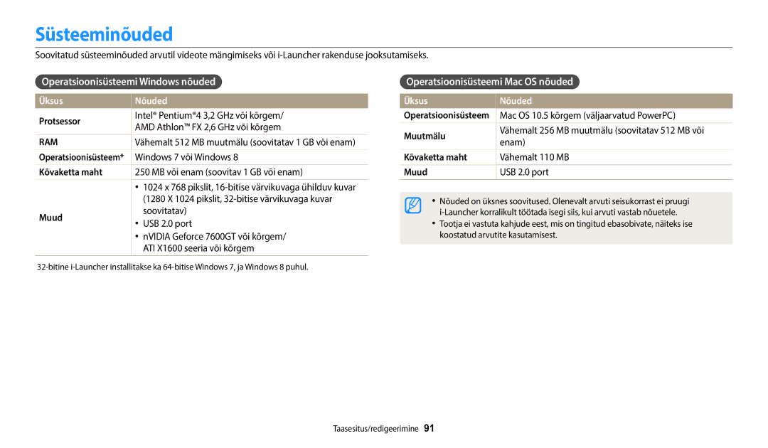 Samsung EC-WB1100BPBE2 manual Süsteeminõuded, Operatsioonisüsteemi Windows nõuded, Operatsioonisüsteemi Mac OS nõuded 