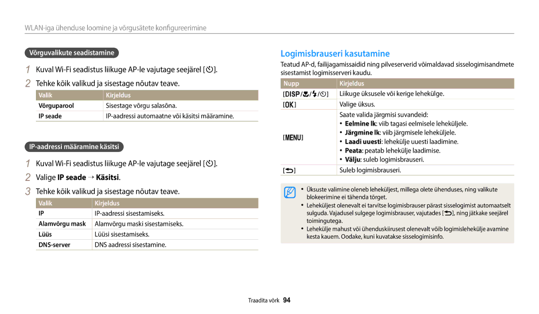 Samsung EC-WB1100BPBE2 manual Logimisbrauseri kasutamine, Valige IP seade → Käsitsi, Võrguvalikute seadistamine 