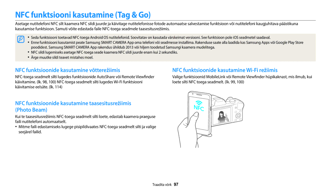 Samsung EC-WB1100BPBE2 manual NFC funktsiooni kasutamine Tag & Go, NFC funktsioonide kasutamine võtterežiimis 