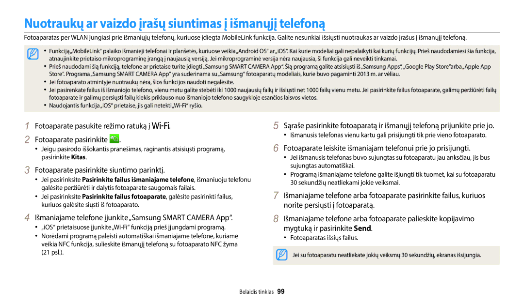 Samsung EC-WB1100BPBE2 Nuotraukų ar vaizdo įrašų siuntimas į išmanųjį telefoną, Fotoaparate pasirinkite siuntimo parinktį 