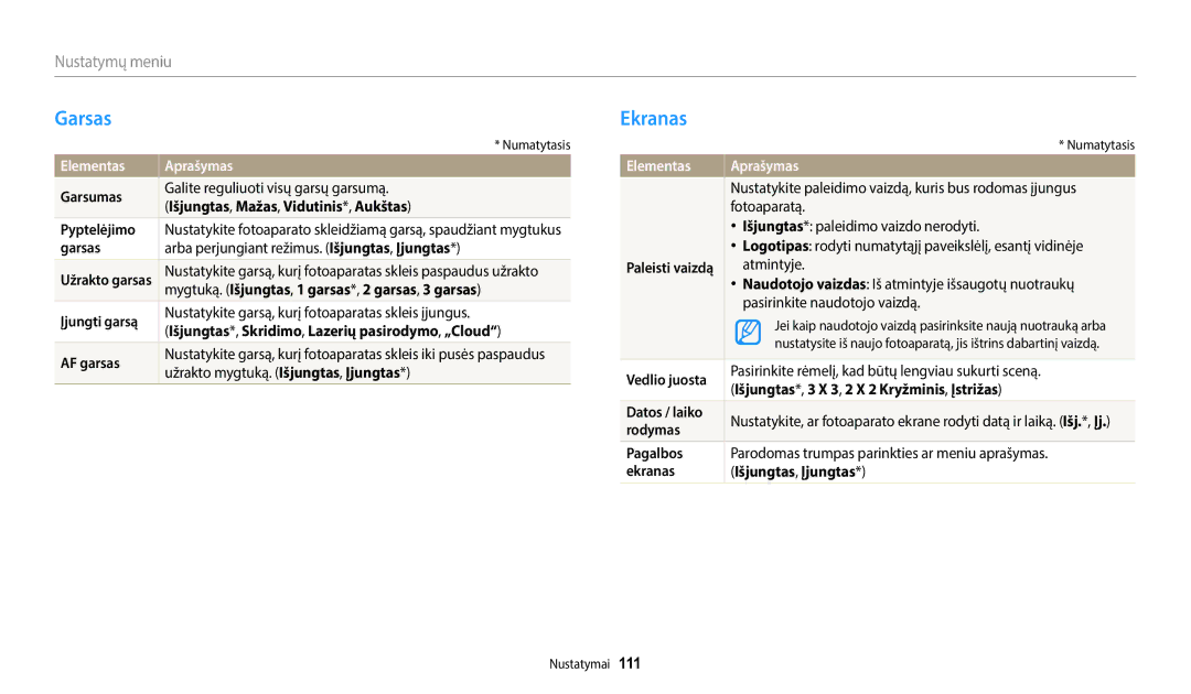 Samsung EC-WB1100BPBE2 manual Garsas, Ekranas, Nustatymų meniu, Elementas Aprašymas 