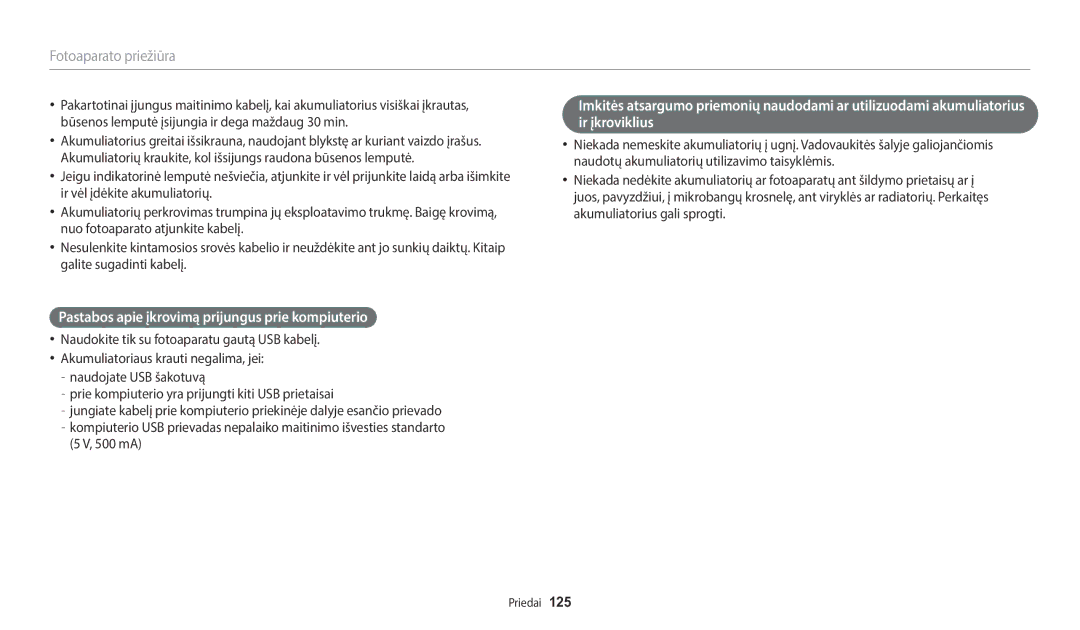 Samsung EC-WB1100BPBE2 manual Pastabos apie įkrovimą prijungus prie kompiuterio, 500 mA 