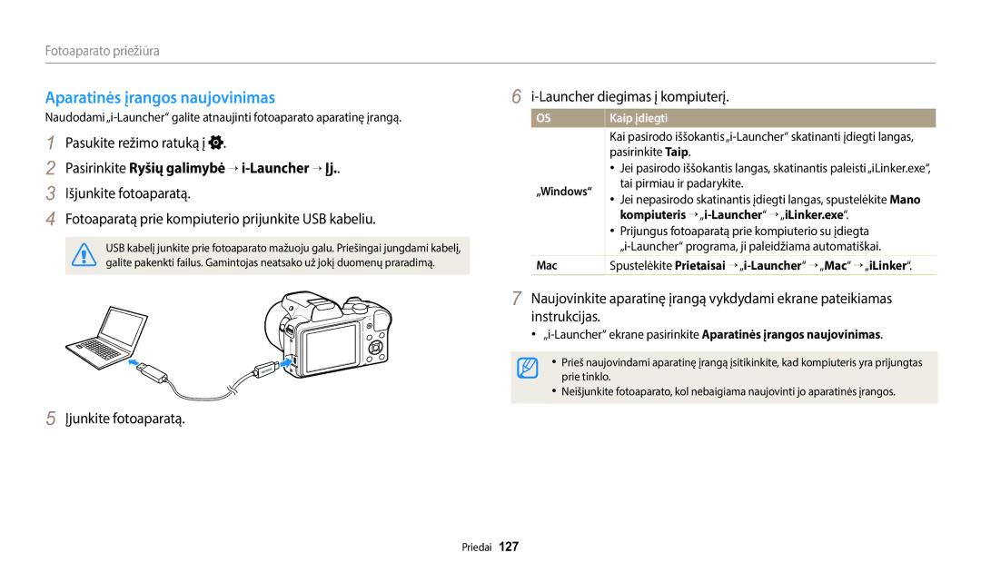 Samsung EC-WB1100BPBE2 manual Aparatinės įrangos naujovinimas, Pasirinkite Ryšių galimybė  i-Launcher  Įj, Kaip įdiegti 