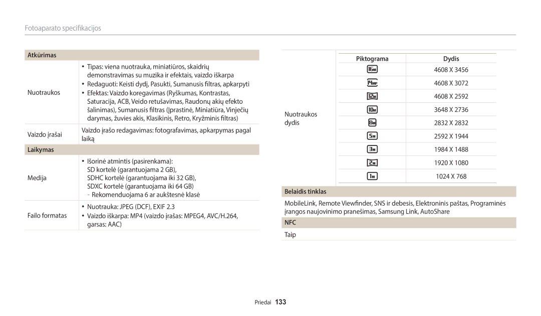 Samsung EC-WB1100BPBE2 manual Laikymas, Piktograma Dydis, Belaidis tinklas 