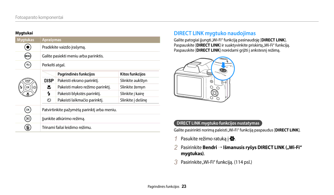 Samsung EC-WB1100BPBE2 manual Direct Link mygtuko naudojimas, Pasukite režimo ratuką į, Pasirinkite„Wi-Fi funkciją psl 