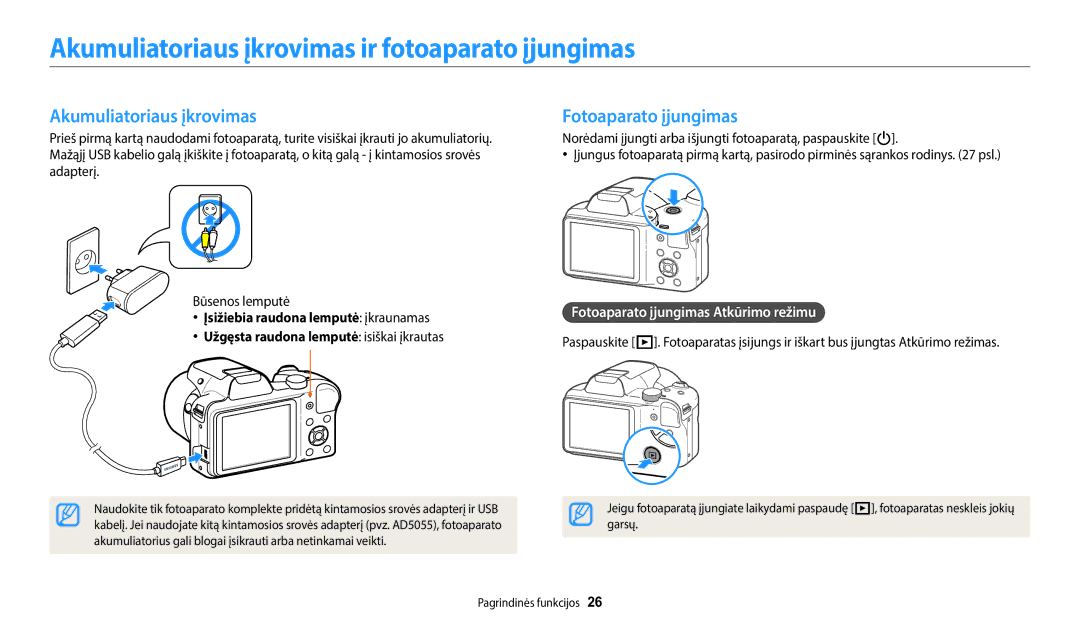 Samsung EC-WB1100BPBE2 manual Akumuliatoriaus įkrovimas ir fotoaparato įjungimas, Fotoaparato įjungimas 