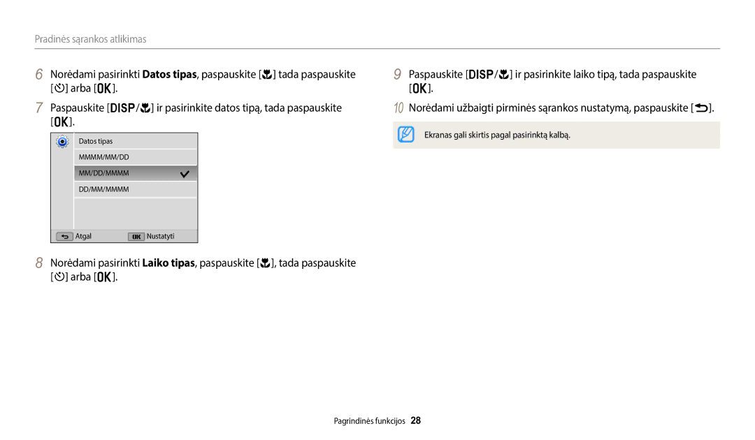 Samsung EC-WB1100BPBE2 manual Pradinės sąrankos atlikimas 