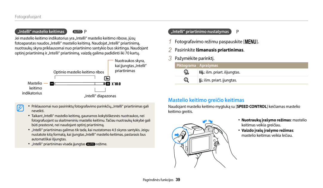 Samsung EC-WB1100BPBE2 Mastelio keitimo greičio keitimas, Fotografavimo režimu paspauskite m, „Intelli mastelio keitimas 