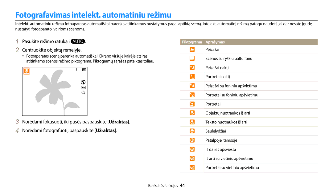 Samsung EC-WB1100BPBE2 Fotografavimas intelekt. automatiniu režimu, Pasukite režimo ratuką į Centruokite objektą rėmelyje 