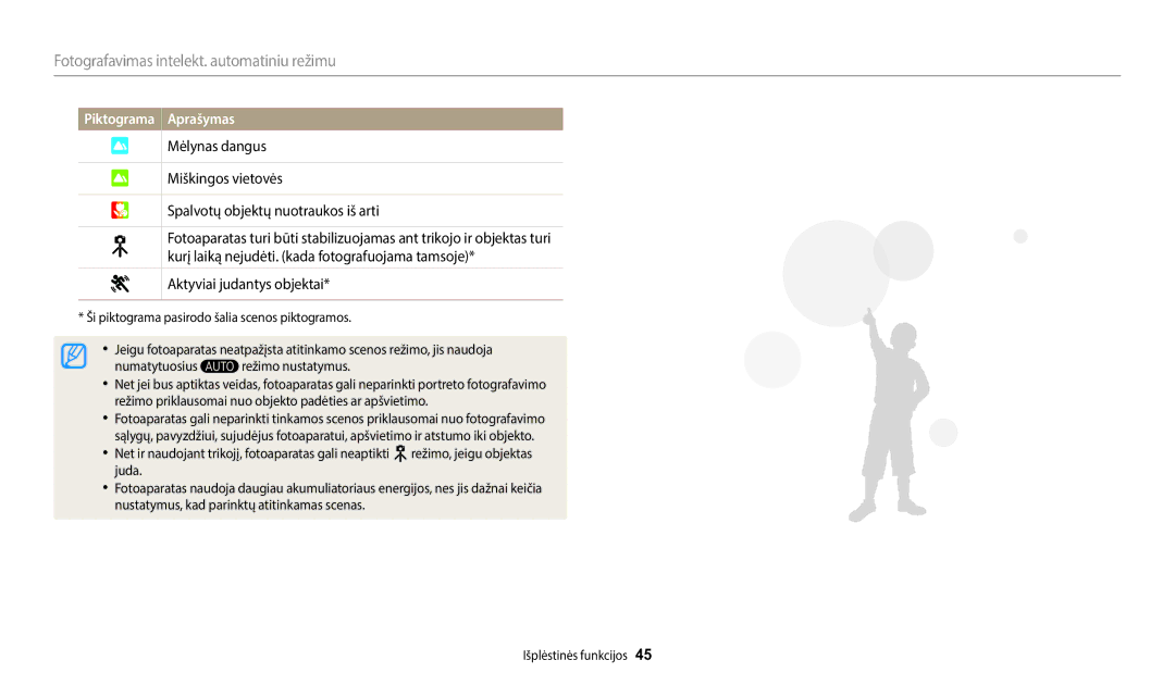 Samsung EC-WB1100BPBE2 manual Fotografavimas intelekt. automatiniu režimu, Aktyviai judantys objektai 