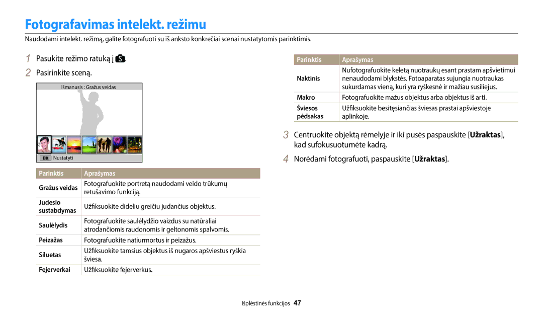 Samsung EC-WB1100BPBE2 Fotografavimas intelekt. režimu, Pasukite režimo ratuką į Pasirinkite sceną, Parinktis Aprašymas 