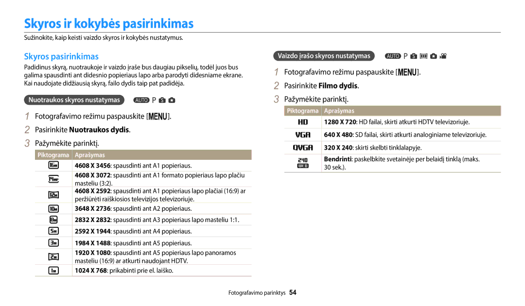 Samsung EC-WB1100BPBE2 manual Skyros ir kokybės pasirinkimas, Skyros pasirinkimas, Pasirinkite Nuotraukos dydis 