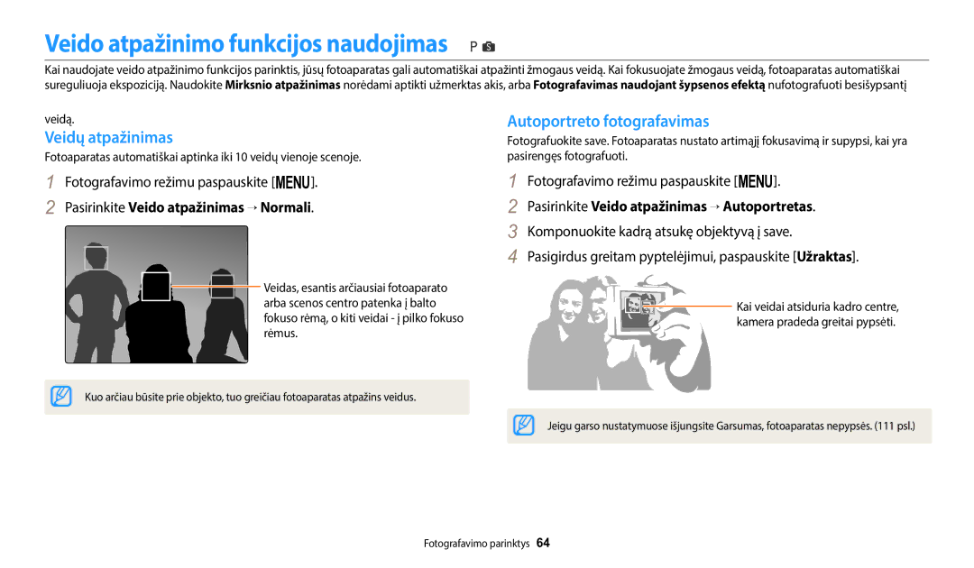 Samsung EC-WB1100BPBE2 manual Veido atpažinimo funkcijos naudojimas, Veidų atpažinimas, Autoportreto fotografavimas 