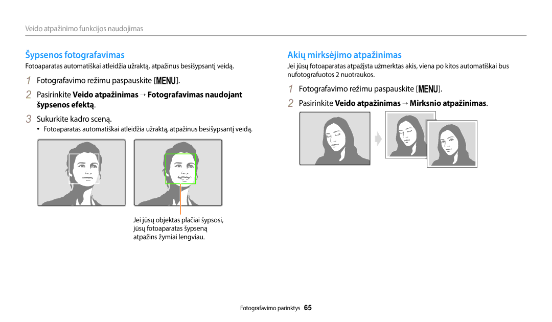 Samsung EC-WB1100BPBE2 manual Šypsenos fotografavimas, Akių mirksėjimo atpažinimas, Sukurkite kadro sceną 