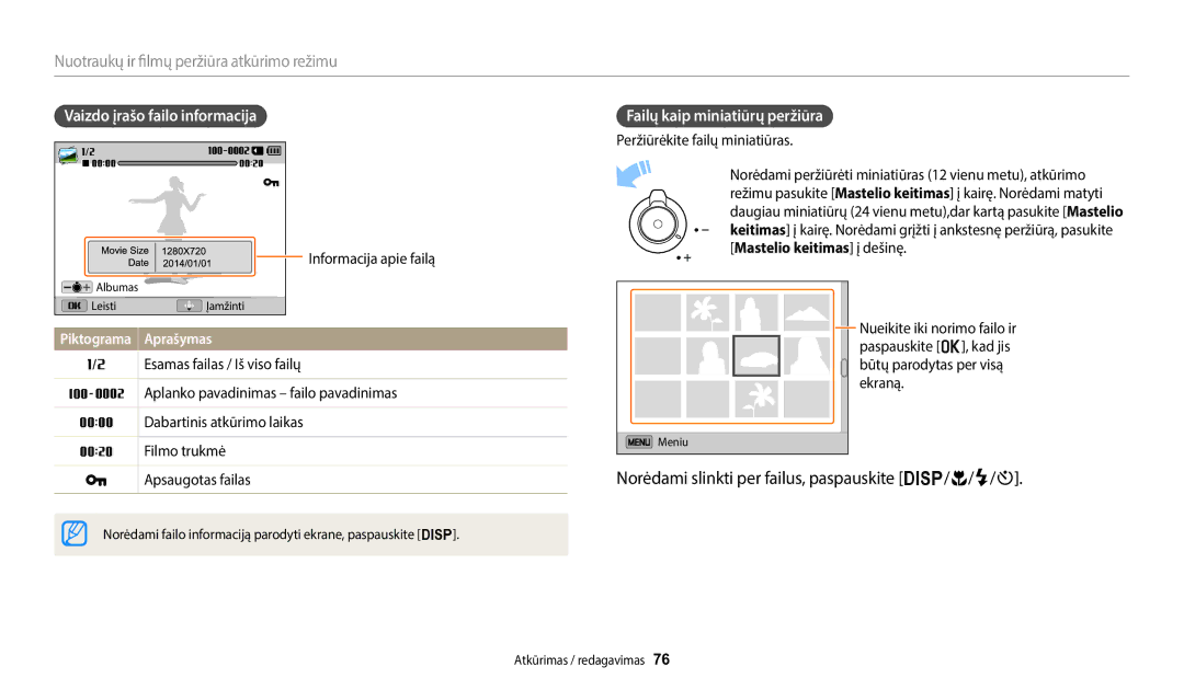 Samsung EC-WB1100BPBE2 manual Norėdami slinkti per failus, paspauskite D/c/F/t, Nuotraukų ir filmų peržiūra atkūrimo režimu 