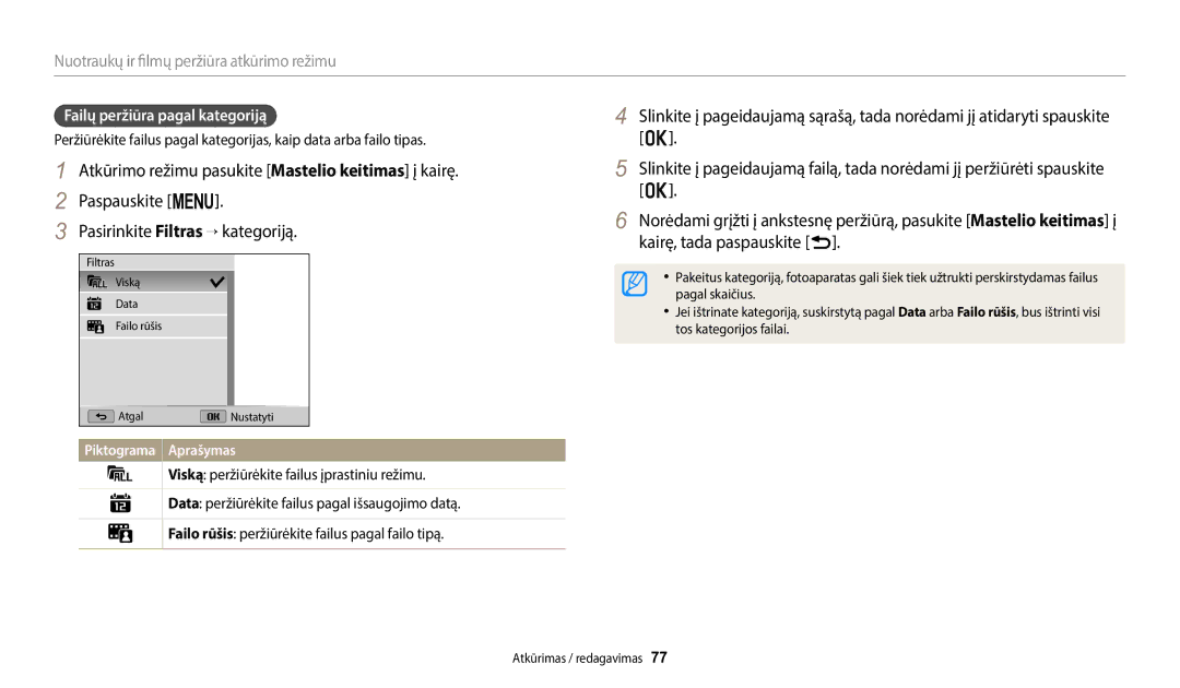 Samsung EC-WB1100BPBE2 manual Failų peržiūra pagal kategoriją 