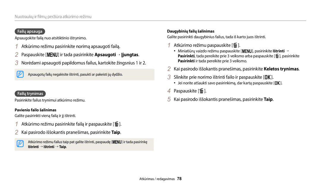 Samsung EC-WB1100BPBE2 Atkūrimo režimu paspauskite f, Slinkite prie norimo ištrinti failo ir paspauskite o, Failų apsauga 