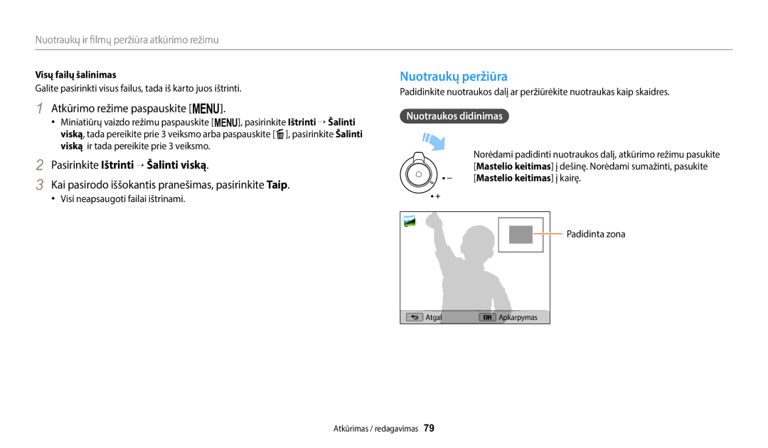 Samsung EC-WB1100BPBE2 manual Nuotraukų peržiūra, Atkūrimo režime paspauskite m, Pasirinkite Ištrinti  Šalinti viską 