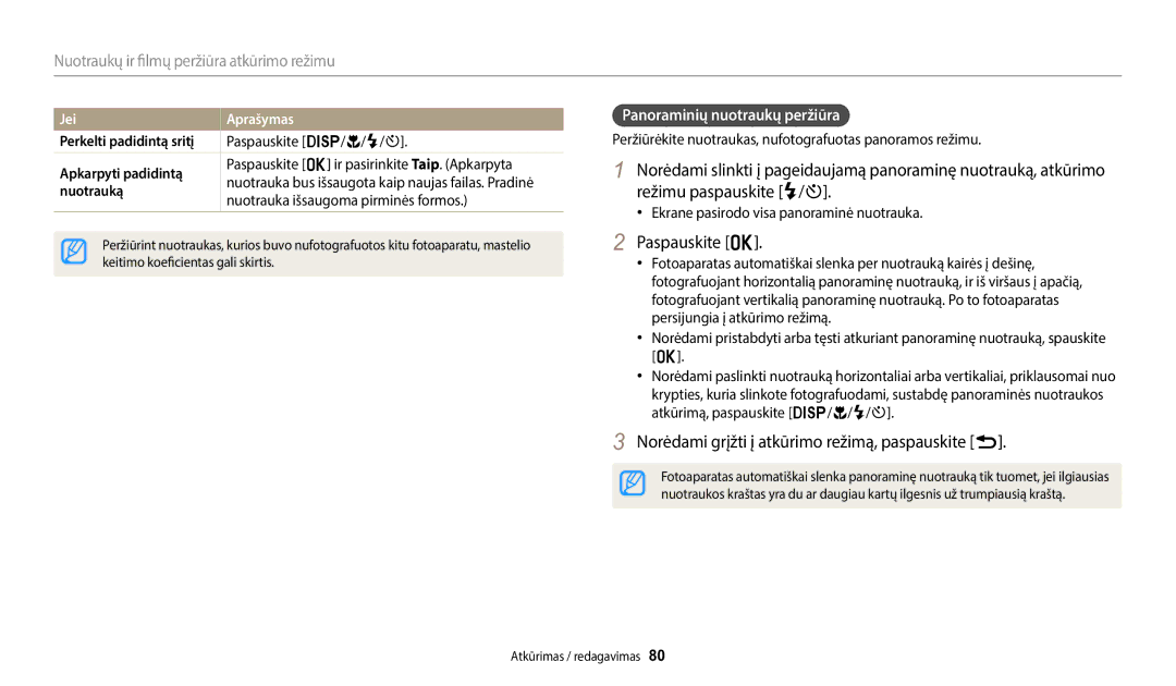 Samsung EC-WB1100BPBE2 Paspauskite o, Norėdami grįžti į atkūrimo režimą, paspauskite r, Panoraminių nuotraukų peržiūra 