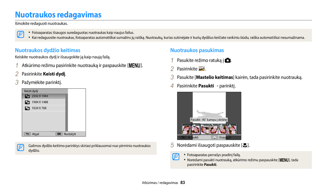 Samsung EC-WB1100BPBE2 manual Nuotraukos redagavimas, Nuotraukos dydžio keitimas, Nuotraukos pasukimas 