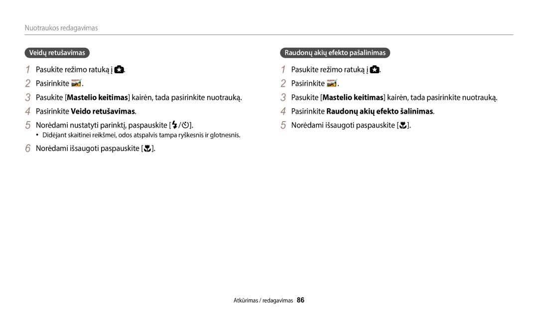 Samsung EC-WB1100BPBE2 Pasirinkite Veido retušavimas, Norėdami nustatyti parinktį, paspauskite F/t, Veidų retušavimas 