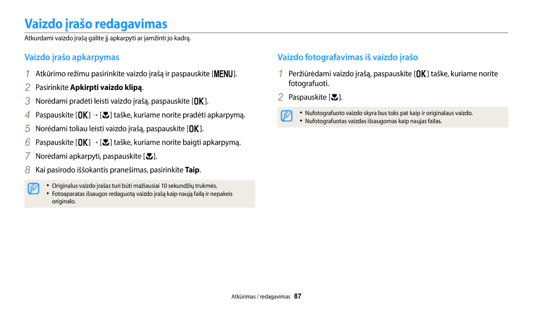 Samsung EC-WB1100BPBE2 manual Vaizdo įrašo redagavimas, Vaizdo įrašo apkarpymas, Vaizdo fotografavimas iš vaizdo įrašo 