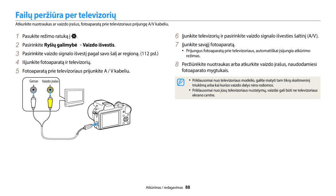 Samsung EC-WB1100BPBE2 manual Failų peržiūra per televizorių, Pasirinkite Ryšių galimybė  Vaizdo išvestis 