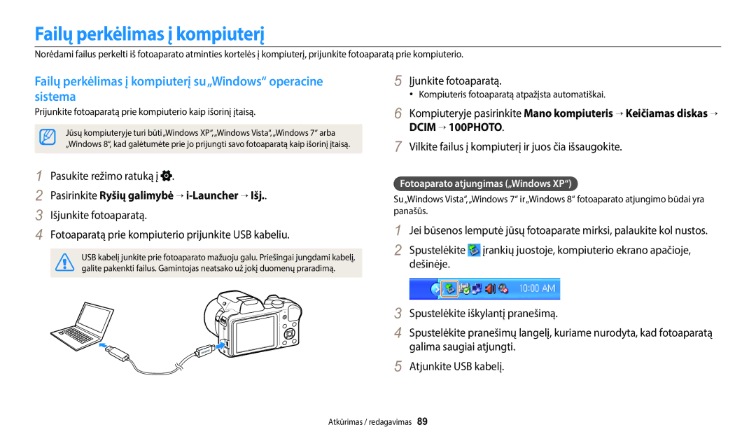 Samsung EC-WB1100BPBE2 manual Failų perkėlimas į kompiuterį, Sistema, Įjunkite fotoaparatą, Dcim  100PHOTO 