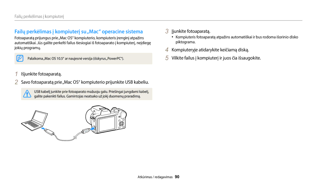 Samsung EC-WB1100BPBE2 Failų perkėlimas į kompiuterį su„Mac operacine sistema, Išjunkite fotoaparatą, Įjunkite fotoaparatą 