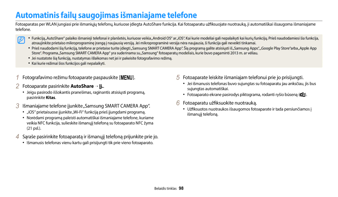 Samsung EC-WB1100BPBE2 manual Automatinis failų saugojimas išmaniajame telefone, Fotoaparatu užfiksuokite nuotrauką 