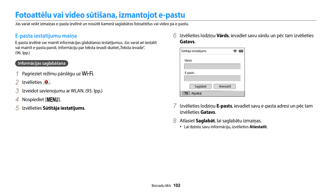 Samsung EC-WB1100BPBE2 manual Fotoattēlu vai video sūtīšana, izmantojot e-pastu, Pasta iestatījumu maiņa 